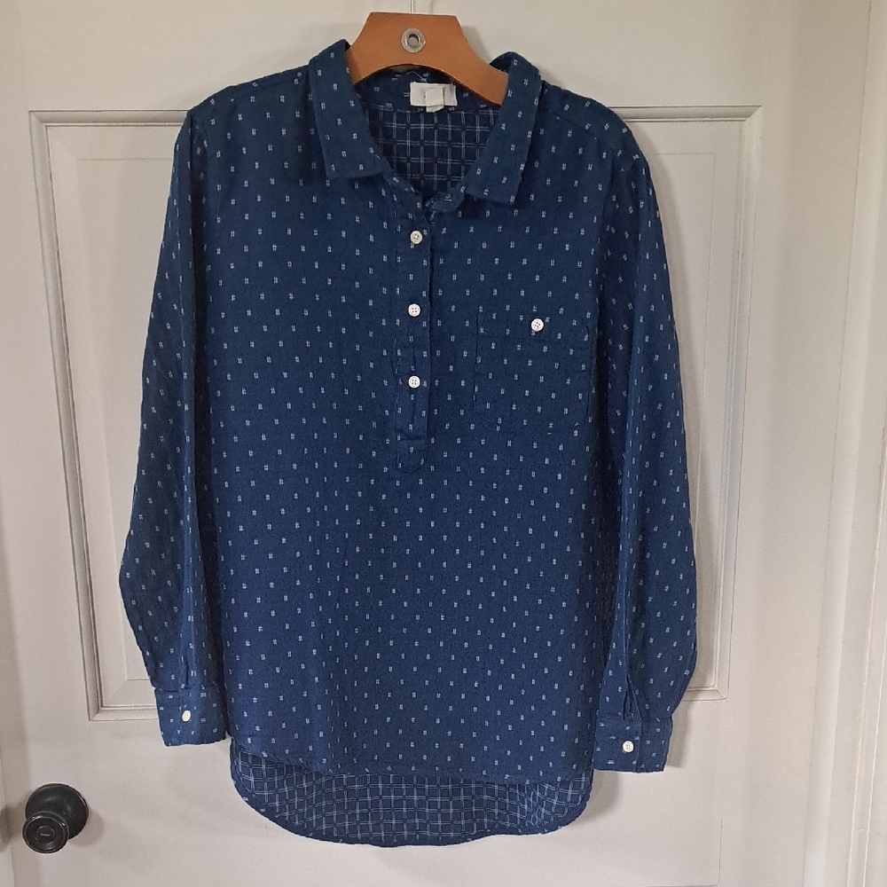 Per Se 100% Cotton Blue Printed Collared Popover Comfy Tunic Blouse XL